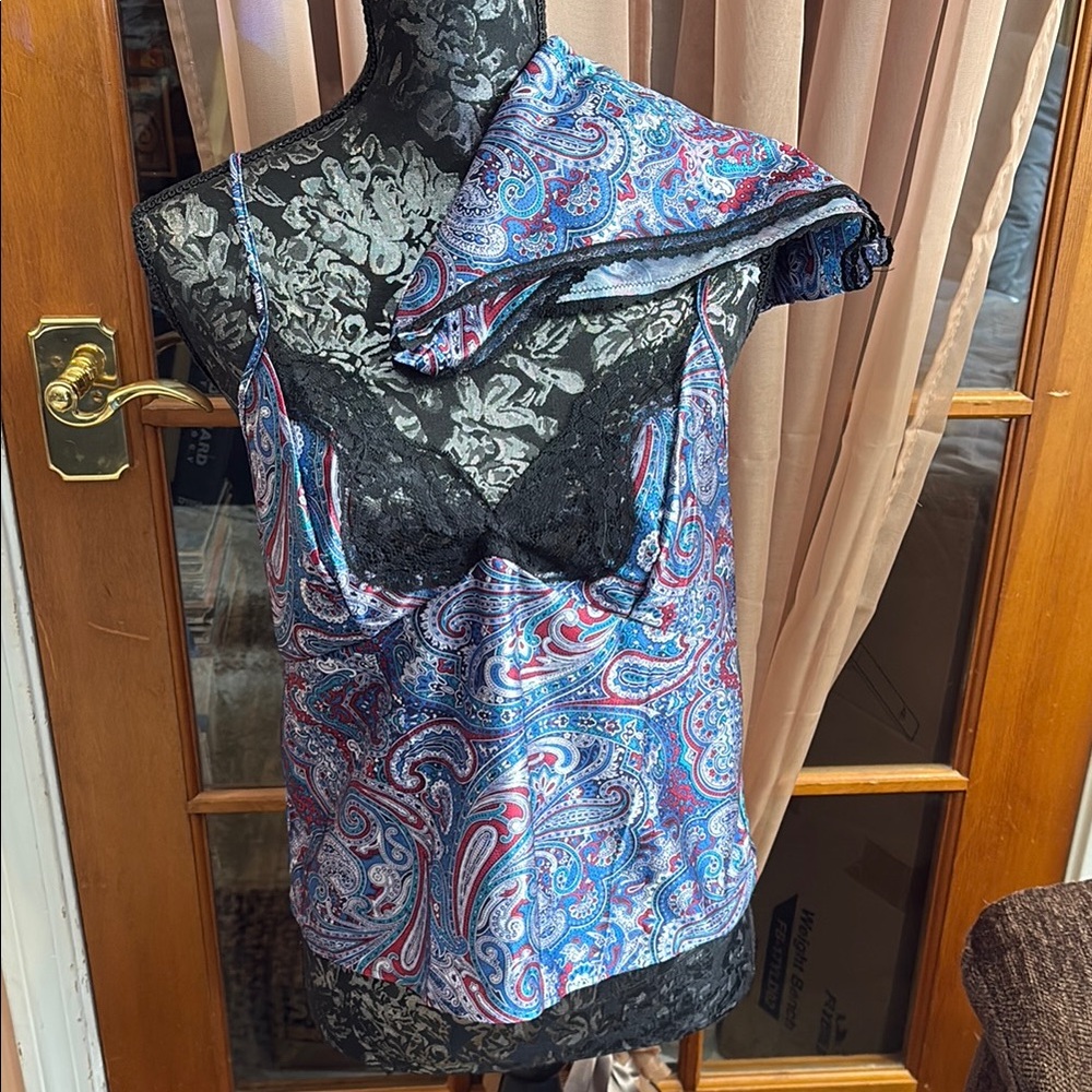 Lady Cameo Paisley & Black Lace Print Satin Camisole and Panty Set, M